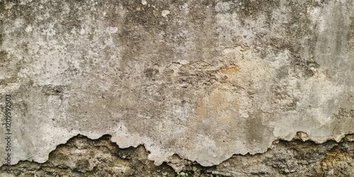Weathered concrete wall texture with shades of gray and beige, featuring cracked, uneven surfaces and a rugged, rustic appearance for backgrounds.