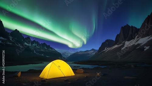 travel image, A camping site with tents under the Aurora Borealis display