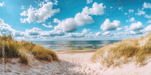 Panoramic Baltic Sea view from sandy beach with lush green grass under bright blue sky featuring fluffy white clouds and calm azure waters in summer.