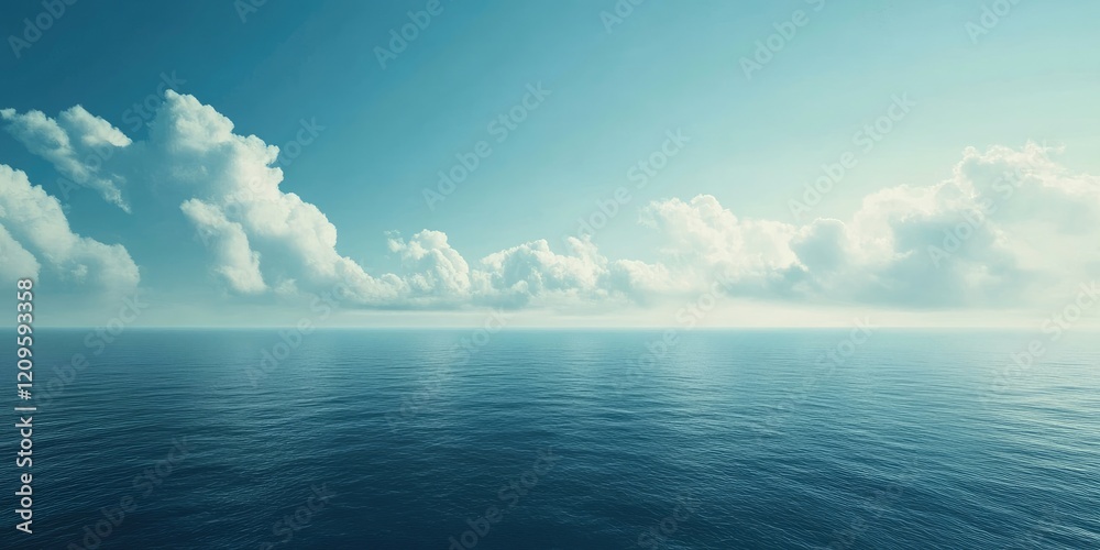 Obraz premium Serene ocean horizon blending with soft blue sky and fluffy white clouds creating a tranquil atmosphere with gentle waves reflecting light
