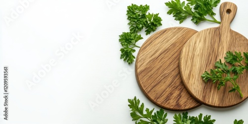 Two wooden circular cutting boards with fresh parsley leaves arranged artistically on a clean white background with ample copy space on the left. photo