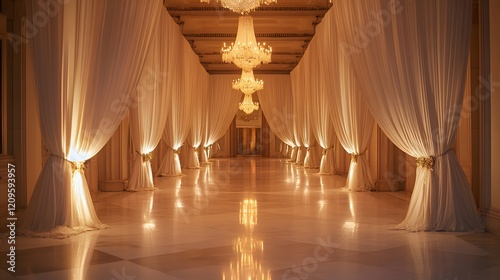 Elegant wedding venue with glowing chandeliers, white drapes, and polished marble floors. A romantic setting for ceremonies. photo