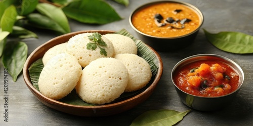South Indian meal with fried idli on a brown plate, coconut chutney in silver bowl, sambar and tomato upma, green leaves background. photo