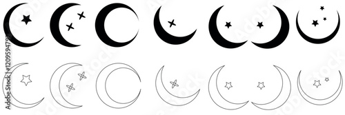 Crescent moon icon collection features varied crescent designs with stars, decorative patterns in black. Perfect moon vector set for celestial themes, spiritual designs