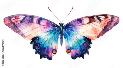 Swallowtail Papillion Machaon butterfly in vibrant watercolor and colored pencil illustration on white background
