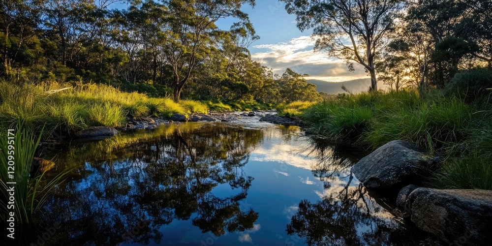 Obraz premium Tranquil creek scene with lush green grass on both banks, rocky edges, and vibrant reflections of trees and sky in calm water at sunset