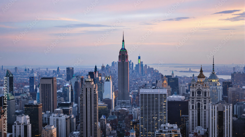 Aerial Skyline View of New York City at Twilight With Iconic Skyscrapers Aerial Skyline View of New York City at Twilight With Iconic Skyscrapers