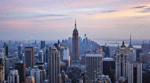 Aerial Skyline View of New York City at Twilight With Iconic Skyscrapers
