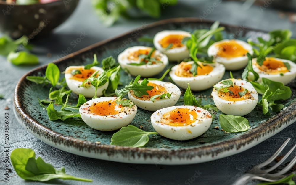 A plated dish featuring eggs garnished with fresh greens, accompanied by a fork, showcasing a simple yet elegant meal presentation. A plated dish featuring eggs garnished with fresh greens, accompanied by a fork, showcasing a simple yet elegant meal presentation.
