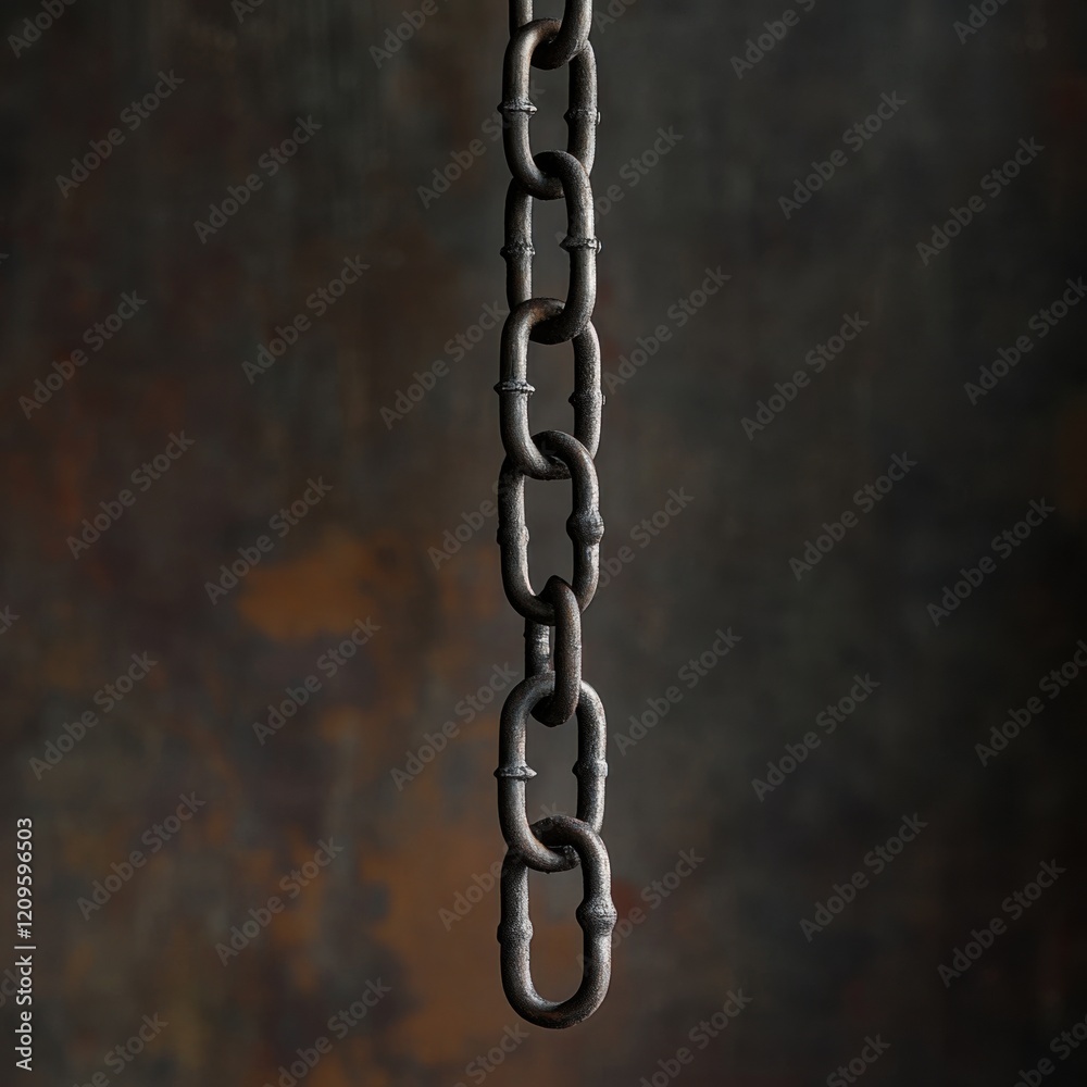 Metal chain suspended from a ceiling in an industrial setting with shadows and light reflections Metal chain suspended from a ceiling in an industrial setting with shadows and light reflections