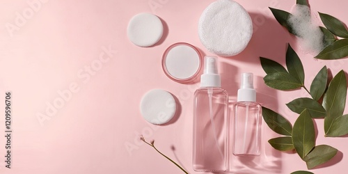 Clear micellar cleansing water in transparent bottles with cotton pads and swabs on a soft pink background with green leaves for skincare concept photo