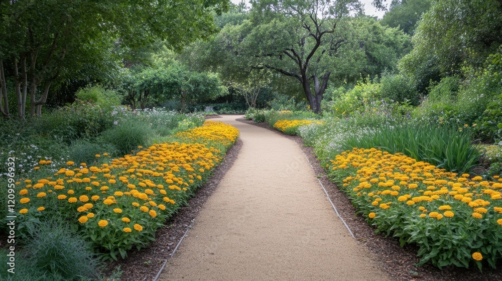 Obraz premium A tranquil walking path through a botanical garden, bordered by rows of golden yellow zinnias