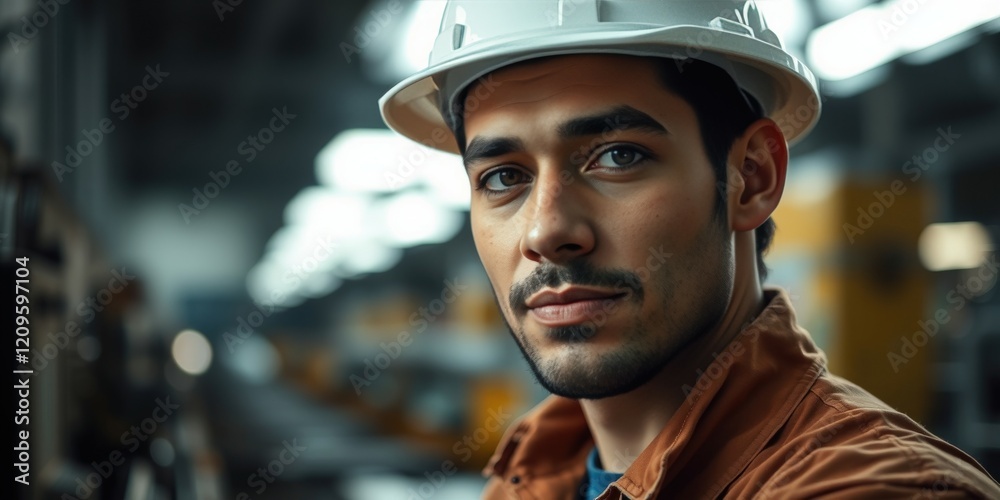 Industrial Worker in a Factory Setting Wearing a Hard Hat and Safety Gear Industrial Worker in a Factory Setting Wearing a Hard Hat and Safety Gear