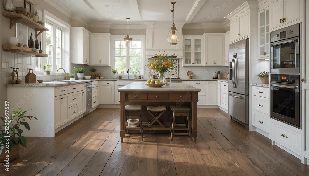 Fototapeta premium Flooring: The kitchen floor is made of either hardwood or tiles with a rustic finish, complementing the overall aesthetic.