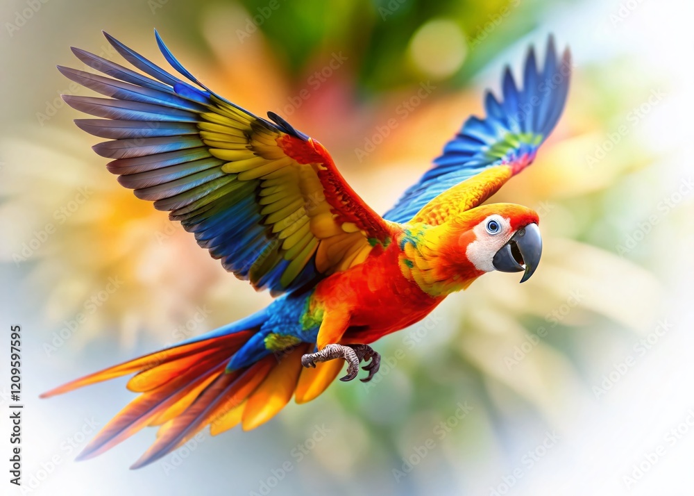 Fototapeta premium Colorful Flying Parrot, Tilt-Shift Miniature, Isolated PNG