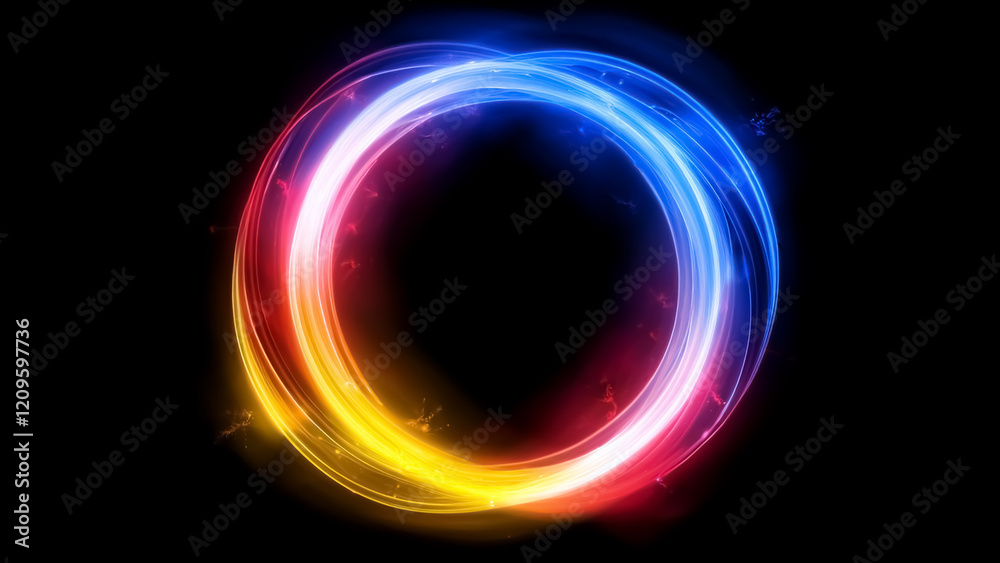 A vibrant and dynamic neon light circle with bright blue, pink, and yellow streaks swirling in a circular motion, set against a dark background, creating a sense of motion and energy. A vibrant and dynamic neon light circle with bright blue, pink, and yellow streaks swirling in a circular motion, set against a dark background, creating a sense of motion and energy.