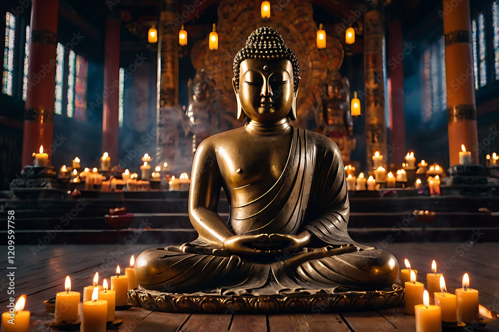 Fototapeta premium Buddha Statue Surrounded By Candles And Incense Smoke In A Quiet Meditation Hall