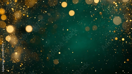 Golden Bokeh Lights Green Background, Sparkling Lights on Green, Party Lights in Green, Celebration Lights