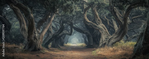 A mystical forest where ancient spirits dwell among the towering trees.