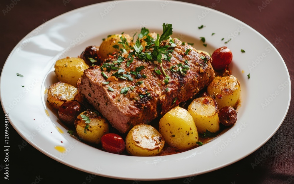 A plate featuring a generous serving of meat alongside tender potatoes, presented in an appetizing manner for a hearty meal. A plate featuring a generous serving of meat alongside tender potatoes, presented in an appetizing manner for a hearty meal.