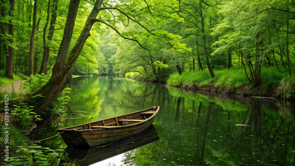 idyllic view of a wooden boat floating on a calm river, framed by dense, verdant trees and vibrant greenery, epitomizing nature's tranquility. idyllic view of a wooden boat floating on a calm river, framed by dense, verdant trees and vibrant greenery, epitomizing nature's tranquility.