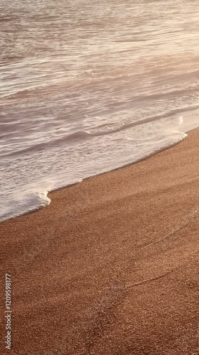 Slow Motion Waves Washing Over Sand at Sunset.