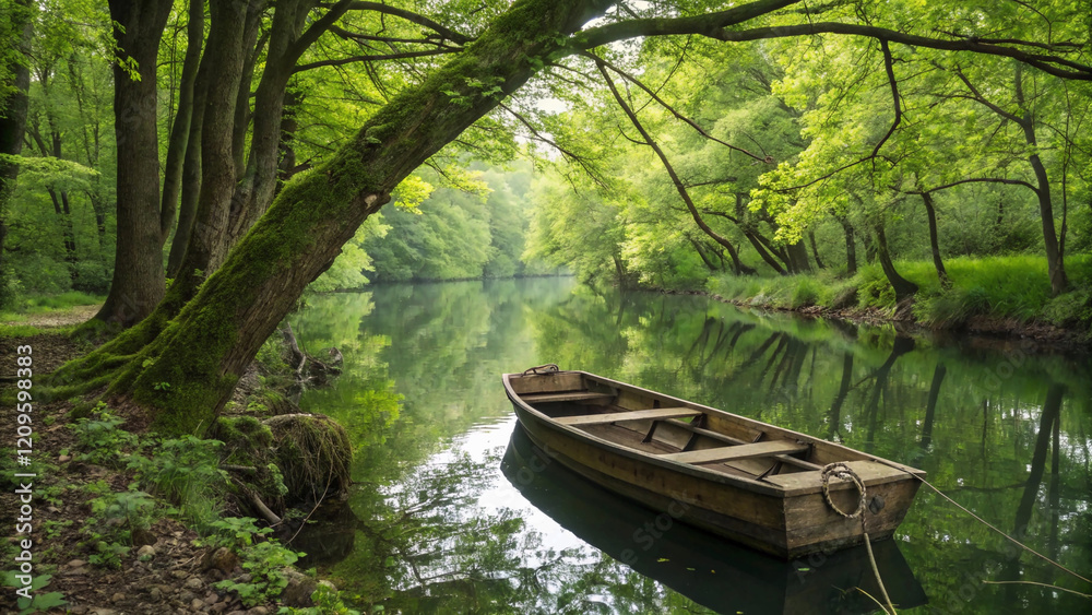 serene wooden boat rests on a tranquil river, surrounded by a lush, green forest, creating a peaceful and picturesque scene. serene wooden boat rests on a tranquil river, surrounded by a lush, green forest, creating a peaceful and picturesque scene.