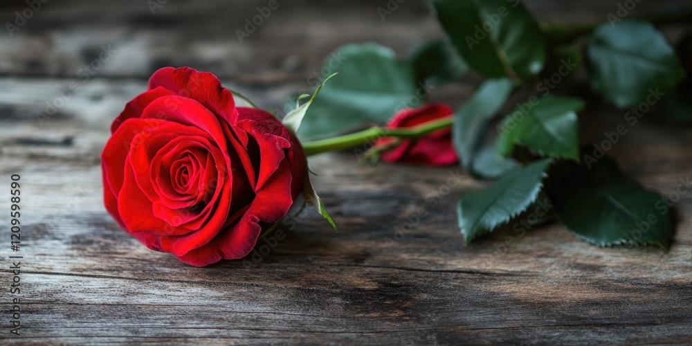 Vibrant red rose with lush green leaves resting on a rustic wooden surface creating a romantic and elegant atmosphere in the composition. Vibrant red rose with lush green leaves resting on a rustic wooden surface creating a romantic and elegant atmosphere in the composition.