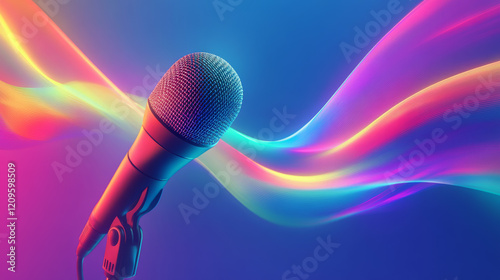 Dynamic microphone with smooth rainbow waveform background, creating vibrant and energetic atmosphere. Perfect for music and audio related themes photo