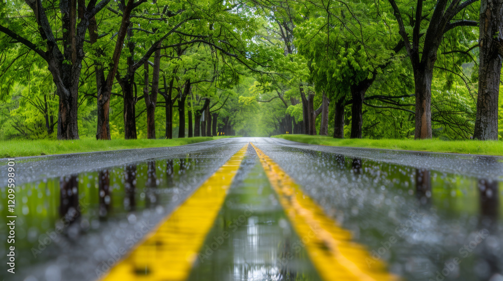 Fototapeta premium Rainy road view with yellow lines and green trees background in soft focus