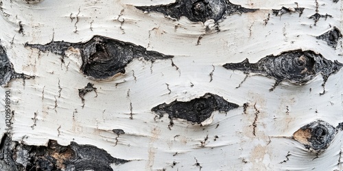 Close-up view of birch tree bark displaying white and black patterns with intricate textures and natural imperfections, well-lit in daylight.