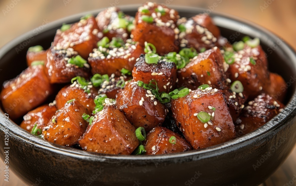 A bowl filled with savory meat topped with sesame seeds, showcasing a delicious and appetizing dish ready to be enjoyed. A bowl filled with savory meat topped with sesame seeds, showcasing a delicious and appetizing dish ready to be enjoyed.