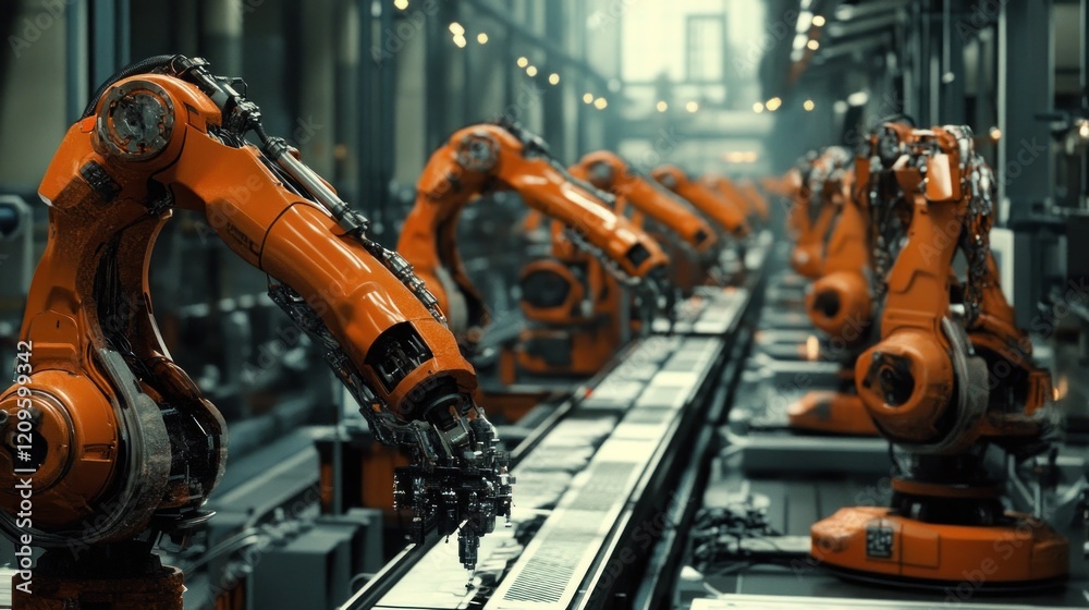 Fototapeta premium Assembly Line of Orange Industrial Robots in a Factory