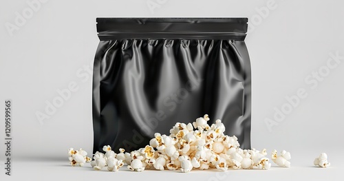 Food and snack, product packaging design, open black snack bag mockup with popcorns isolated on white background, Generative AI.