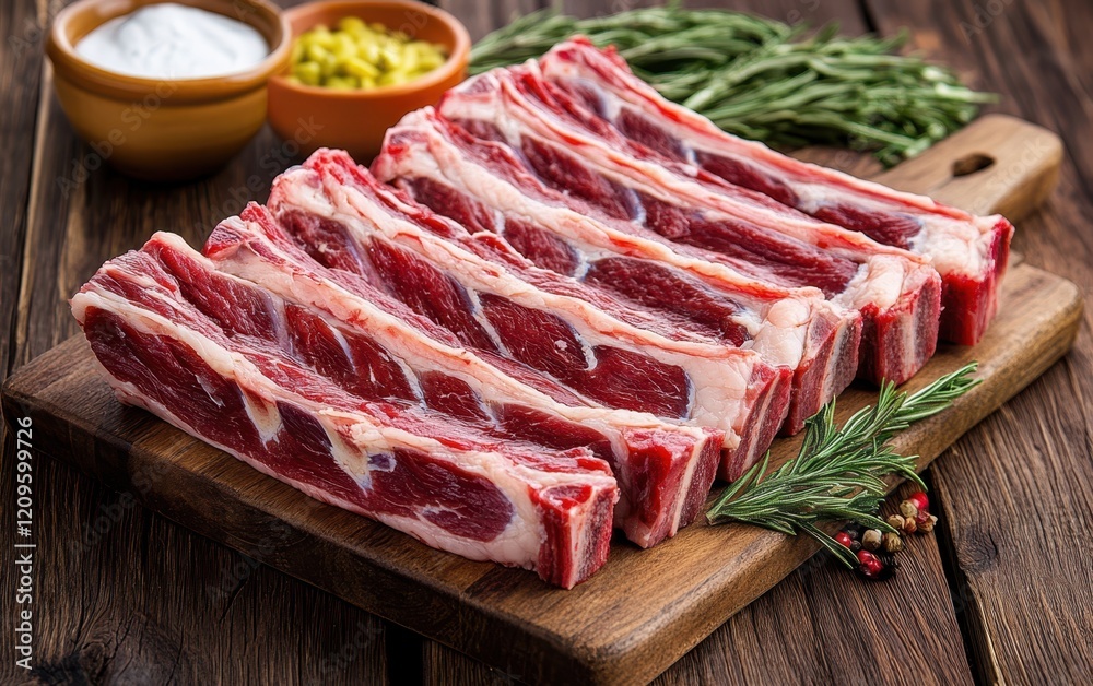 Fototapeta premium Araw meat rests on a wooden cutting board accompanied by a bowl filled with aromatic seasoning ready for culinary preparation.