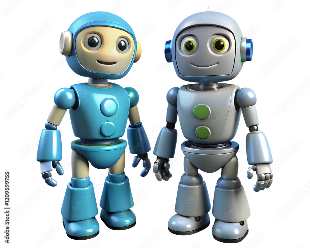 Friendly Robots Duo: Two adorable cartoon robots, one light blue and one light gray, stand side-by-side, exhibiting friendly expressions and a sense of companionship. Friendly Robots Duo: Two adorable cartoon robots, one light blue and one light gray, stand side-by-side, exhibiting friendly expressions and a sense of companionship.