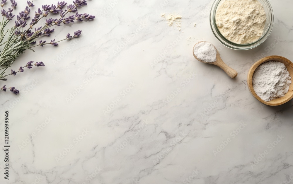 A bowl filled with flour rests beside a wooden spoon on a sleek marble countertop, showcasing a simple yet inviting scene for baking enthusiasts. A bowl filled with flour rests beside a wooden spoon on a sleek marble countertop, showcasing a simple yet inviting scene for baking enthusiasts.