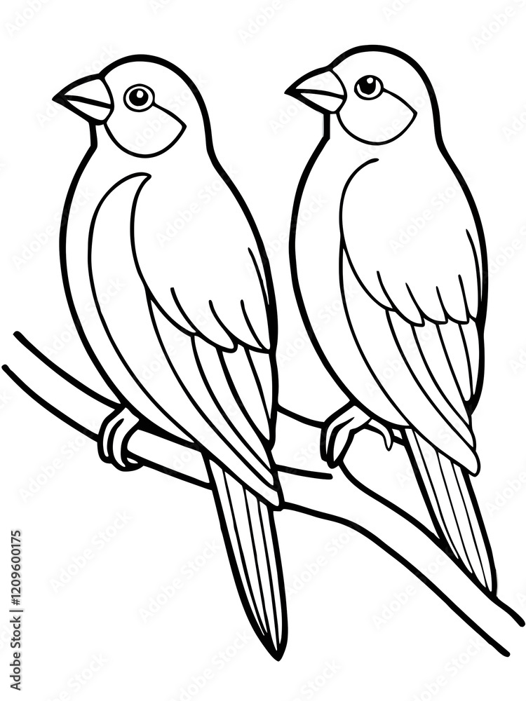 Fototapeta premium Coloring page of two birds sitting on a branch in black and white outline