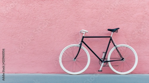 A clean image of a black vintage bike with white tires, standing out against a pastel pink wall for a modern look