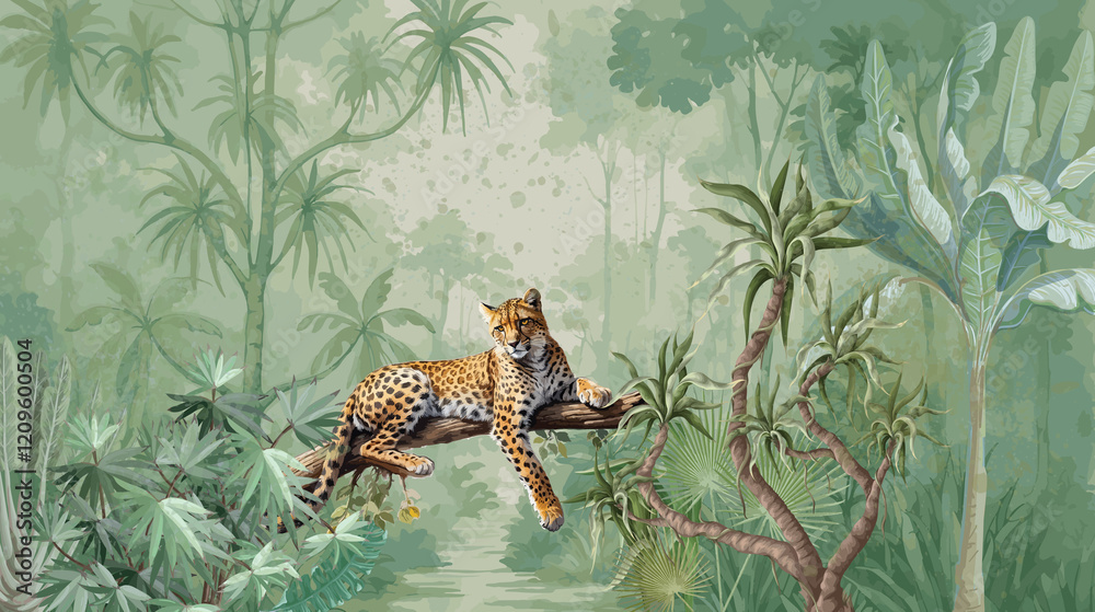 custom made wallpaper toronto digitalForest with a cheetah, palm tree, plants, dark jungle illustration for wallpaper