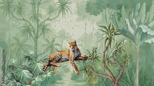 Fototapeta Naklejka Na Ścianę i Meble -  Forest with a cheetah, palm tree, plants, dark jungle illustration for wallpaper