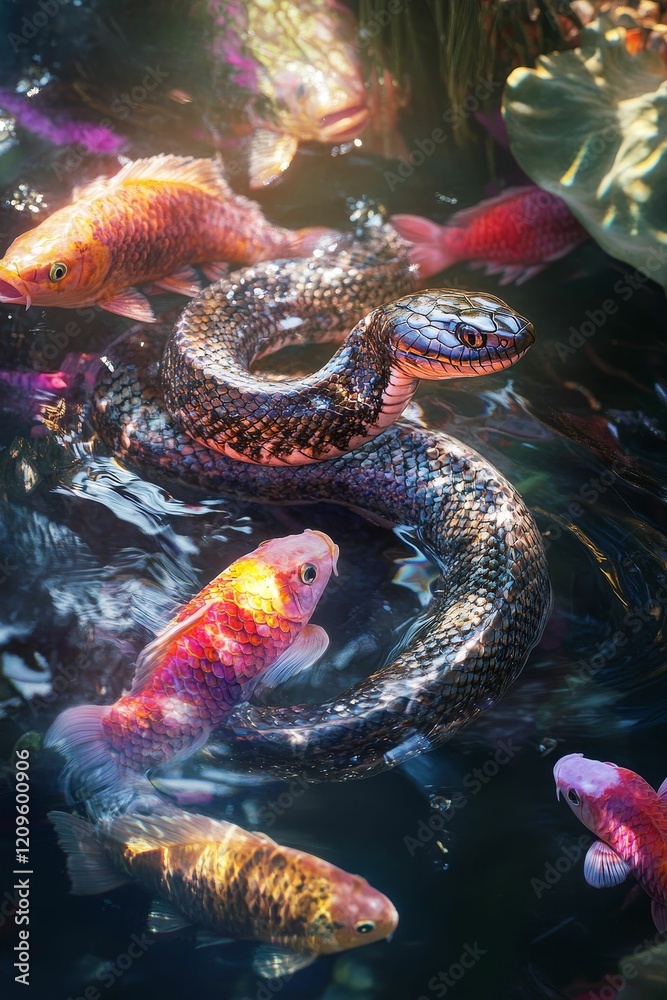 Obraz premium Colorful fish swim with a snake in dark water.