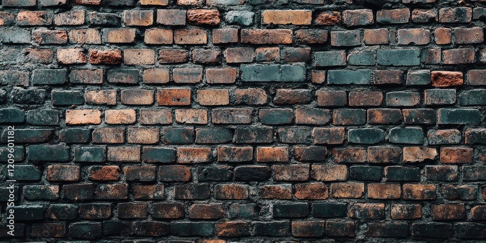 Fototapeta premium Textured brick wall in dark shades of black and brown with varying brick sizes and rustic imperfections creating a vintage urban feel.