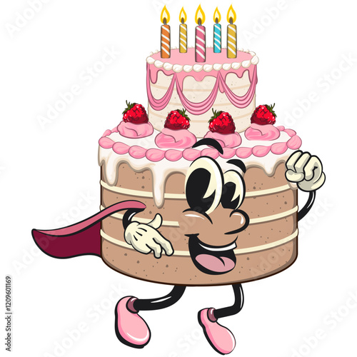 cute birthday and weading tart cake cartoon character mascot as flying superhero wearing a robe, work of hand drawn