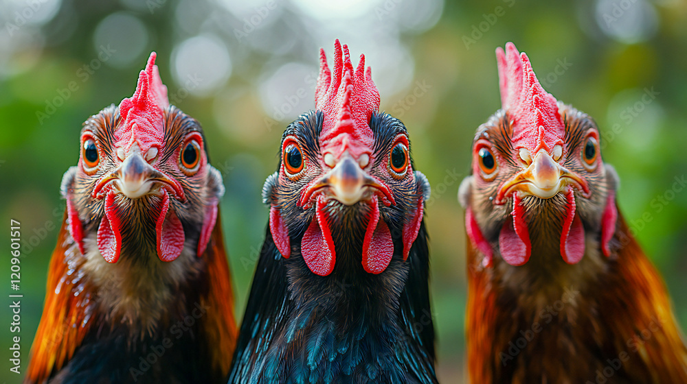 Naklejka premium Closeup of three chicken with different colours (dark brown, black and brown) looking into the camera