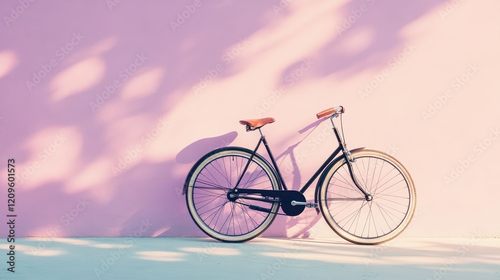Obraz premium A stylish shot of a black vintage bicycle with leather handles, parked against a pastel lilac wall under subtle light