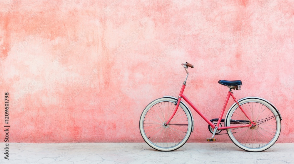 A vibrant lifestyle photo of a bright red vintage bike, creating contrast against a muted pastel pink wall A vibrant lifestyle photo of a bright red vintage bike, creating contrast against a muted pastel pink wall