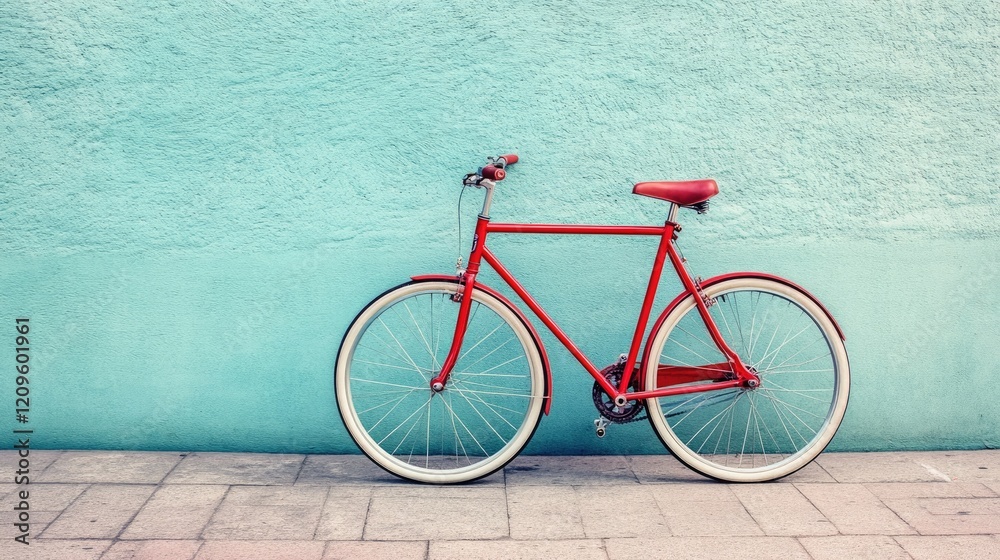 Fototapeta premium A vibrant shot of a vintage bike with a bold red frame, parked against a pastel blue wall for a trendy visual