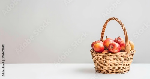 Fresh fruit in a wicker basket resting on a white table during copy space, Generative AI.
