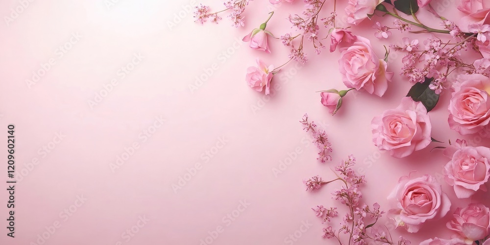 Pink rose flowers elegantly arranged on a soft pastel pink background in a flat lay view with ample space for text design layouts. Pink rose flowers elegantly arranged on a soft pastel pink background in a flat lay view with ample space for text design layouts.